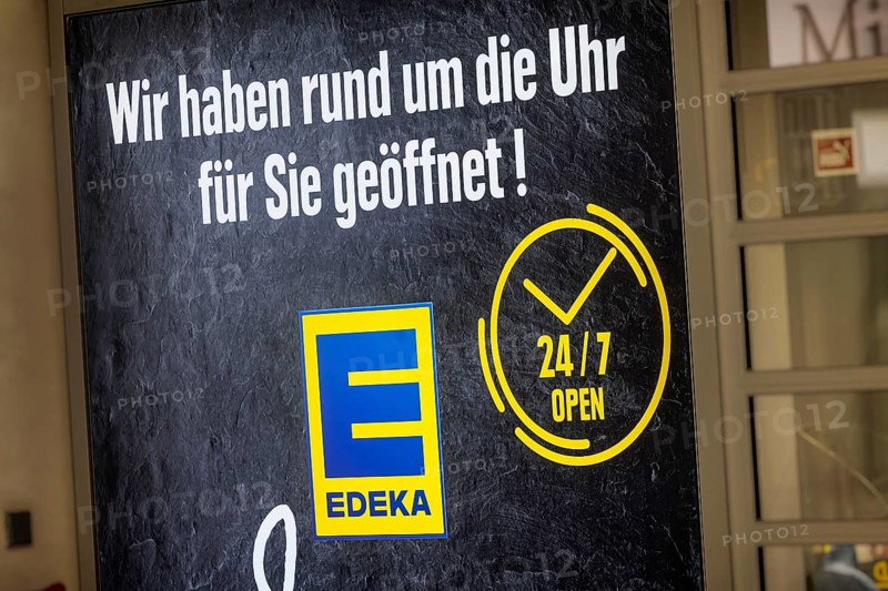 EDEKA supermarket at Stuttgart Airport. It is open around the clock, seven days a day. 24-7. Stuttgart, Baden-Württemberg, Germany