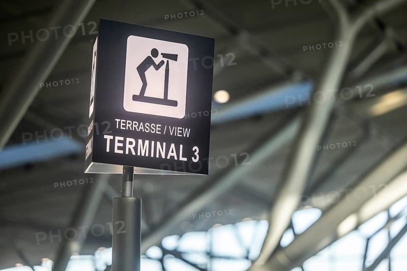 Terminal 3 at Stuttgart Airport. Pictogram viewing terrace. Visitors and aircraft spotters have a direct view of the apron and runway there. Stuttgart, Baden-Württemberg, Germany