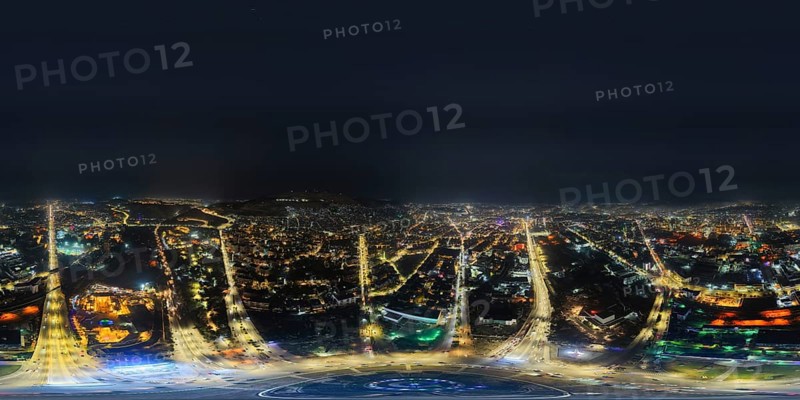 In Damascus, Syria, on December 29, 2025, a 360-degree aerial image captures the Syrian capital at night, showing the city fully illuminated and offering a panoramic view of Damascus as the year draws to a close, Damascus, Damascus, Syria