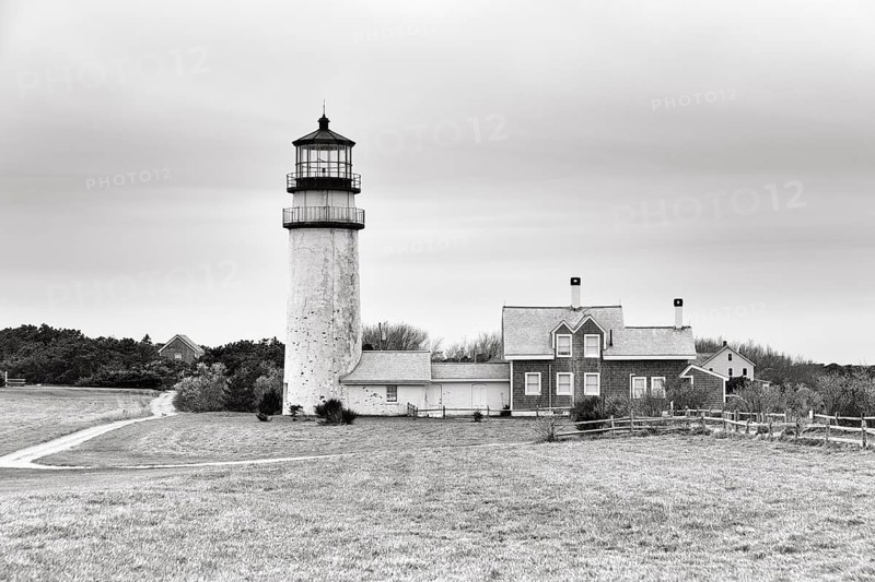 Highland lighthouse, Cape Cod Light, lighthouse, typical architectural style, monochrome, North Truro, Cape Cod, Massachusetts, New England, USA