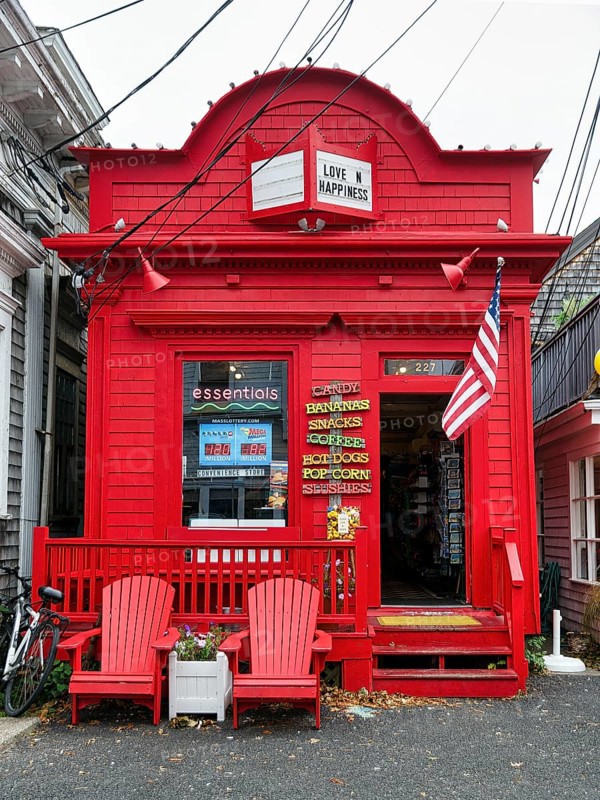Bright red facade, fast food shop, candy, coffee, inscription love and happiness, American flag, Provincetown, Cape Cod, Massachusetts, New England, USA
