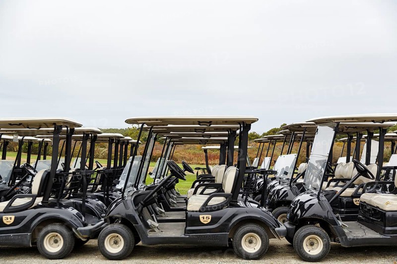 Lined up golf carts, golf carts, North Truro, Cape Cod, Massachusetts, New England, USA