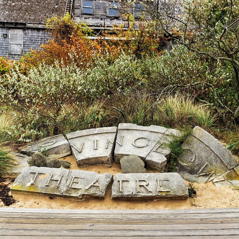 Ruins, former Provincetown theater, cinema, remains, sign with inscription, Whaler's Wharf, Provincetown, Cape Cod, Massachusetts, New England, USA