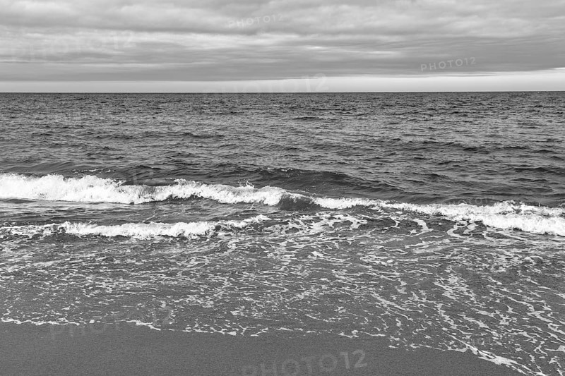 Soft surf on beach, shoreline, monochrome, cloud cover, Provincetown, Race Point Beach, Cape Cod National Seashore, Atlantic Coast, Massachusetts, New England, USA