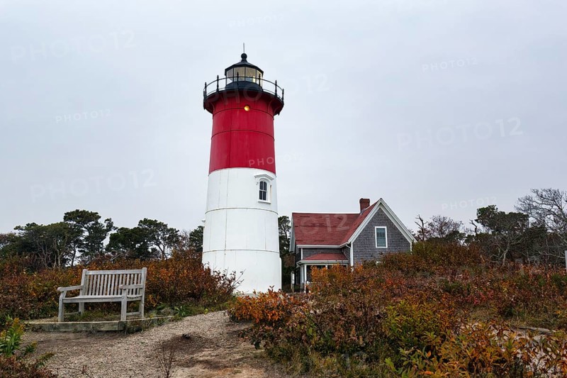 Historic lighthouse, Nauset lighthouse, twilight in autumn, Cape Cod National Seashore in Eastham, Massachusetts, New England, USA