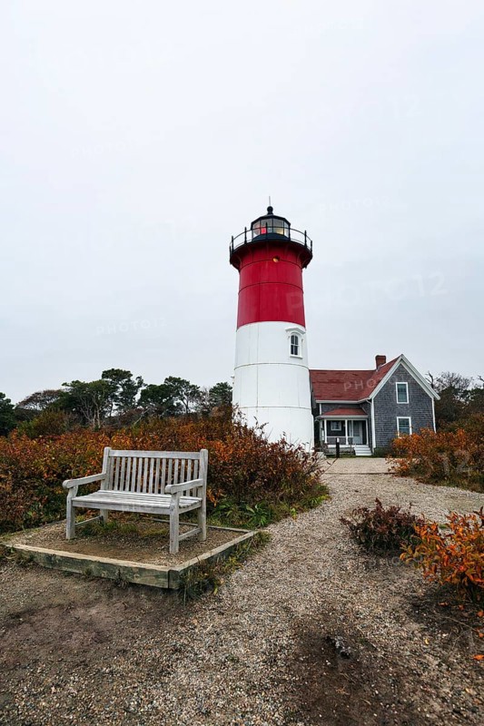 Historic lighthouse, Nauset lighthouse, twilight in autumn, Cape Cod National Seashore in Eastham, Massachusetts, New England, USA