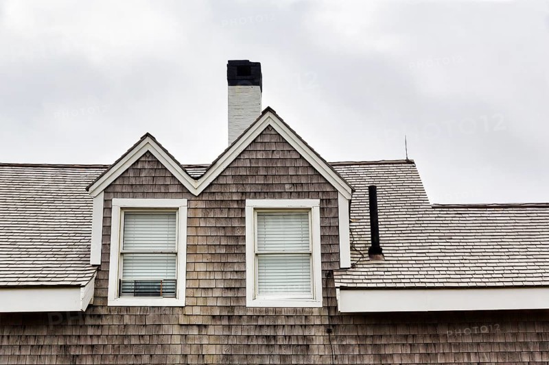 Facade detail, house with wooden shingles, typical architectural style, dormer window, Highland Light, Cape Cod Light, North Truro, Cape Cod, Massachusetts, New England, USA