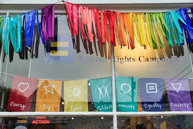 Shop windows, ribbons in rainbow colors, Human Rights Campaign Office, HRC, Human Rights, LGBTQ, Provincetown, Cape Cod, Massachusetts, New England, USA