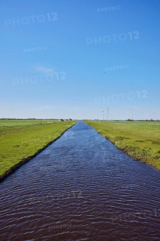 Bach Lecker Au, agricultural land, meadows, wind turbines, pale blue sky, cirrostratus clouds, Alter Deich, Risum-Lindholm, Nordfriesland district, Schleswig-Holstein, Germany