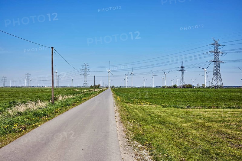 Wind turbines, power pole, overhead line, high-voltage pole, high-voltage line, road, meadows, blue sky, cloudless, Stadionstraße, Risum-Lindholm, Nordfriesland District, Schleswig-Holstein, Germany