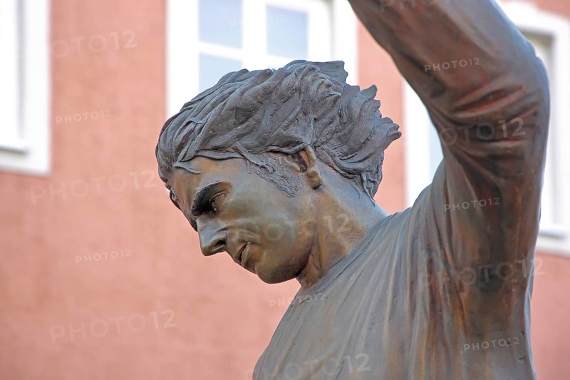 Memorial to soccer player Gerd Müller, German national team player, soccer legend, detail, bronze sculpture, Gerd-Müller-Platz, Nördlingen, Bavaria, Germany