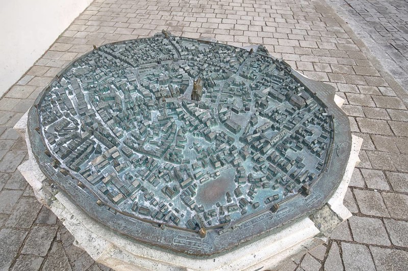 Historical cityscape as 3D model, miniature, view, city history, bronze sculpture, market square, Nördlingen, Bavaria, Germany