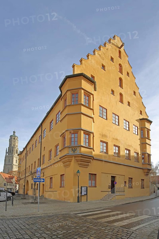 Former hall building with bay window and current elementary school center, Nördlingen, Bavaria, Germany