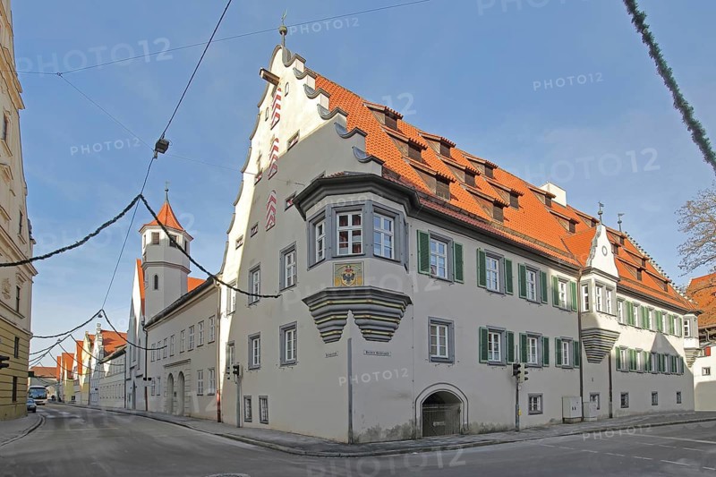 Former Holy Spirit Hospital building built in 1564 with hospital church, today Bürgerheim nursing center, Nördlingen, Bavaria, Germany