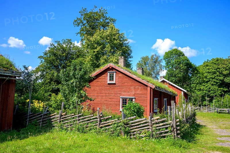 Red wooden house with grass-covered roof surrounded by trees and wooden fence under clear blue sky, family home of the famous botanist and taxonomist Carl von Linne with a rustic wooden fence under a blue sky, Linnes Rashult, Rashult, Diö, Kronobergs län, Sweden