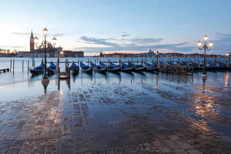 Gondolas in front of the Piazzetta, in the background the monastery and the island of San Giorgio Maggiore, Venice, Veneto, Italy