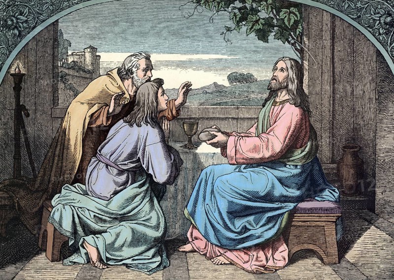 Scene from the biblical story, On the Day of Jesus' Resurrection, two disciples, one of them named Cleopas, wander from Jerusalem to the village of Emmaus about eleven kilometers away, authentic reproduction of a school mural, historical, around 1900