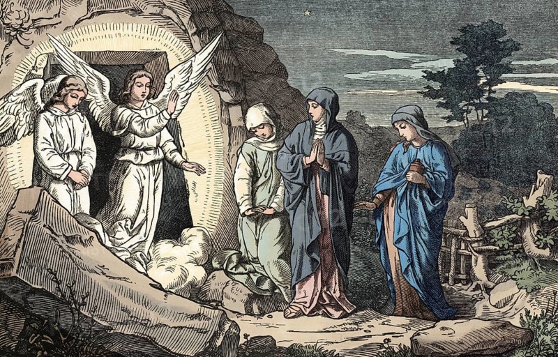 Scene from the biblical story, The Resurrection of Jesus Christ, authentic reproduction of a school mural, historical, around 1900