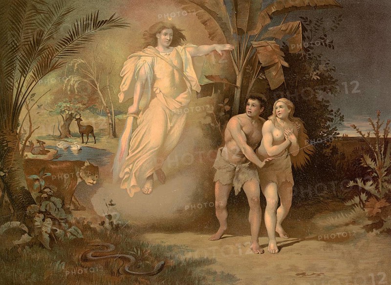 Scene from the biblical story, The Expulsion from Paradise, Adam and Eve, authentic reproduction of a school mural, historical, around 1900
