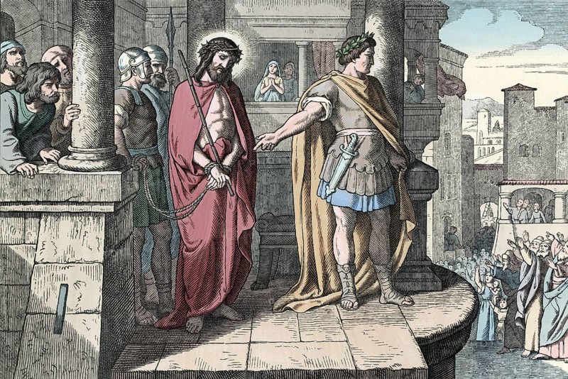 Scene from the biblical story, in the Bible it is told that the Roman governor Pontius Pilate gave the people the choice at Pentecost whether they should release Jesus of Nazareth or the captive Barabbas, and the crowd cried out for Barabbas to release, authentic reproduction of a school mural, historical, around 1900
