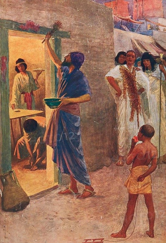 Scene from the biblical story, Passover was introduced by God in the Bible, as a reminder of the liberation of the Israelites from slavery in Egypt, with instructions for a meal with lamb and unleavened bread to paint the blood on the doorpost, authentic reproduction of a school mural, historical, around 1900