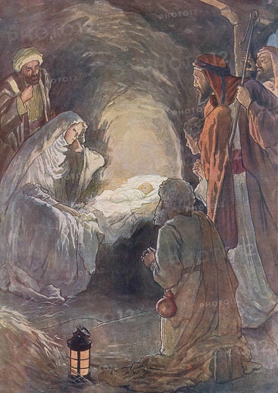 Scene from the biblical story, The story of the birth of Jesus and the shepherds, authentic reproduction of a school mural, historical, around 1900