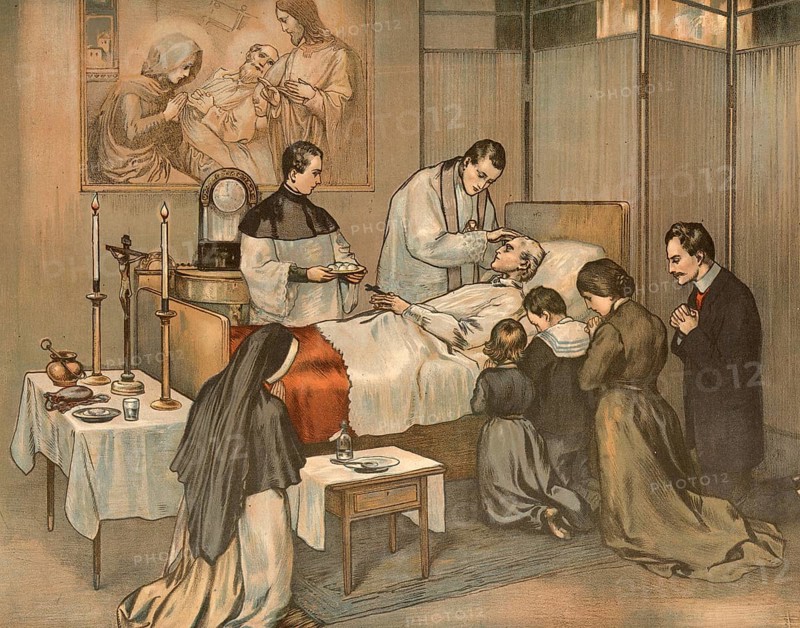 Scene from the biblical story, The term Last Oiling in Christian tradition refers to the sacrament, which is now officially known as the Anointing of the Sick, authentic reproduction of a school mural, historical, around 1900