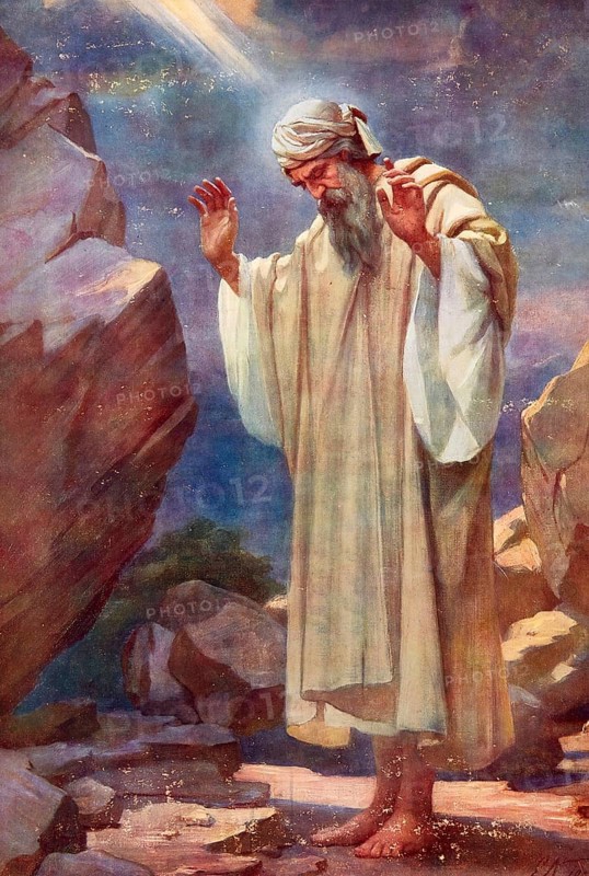 Scene from the biblical story, Law that God gave Moses on Mount Sinai, is God's Covenant with Israel, mainly the Ten Commandments, authentic reproduction of a school mural, historical, around 1900