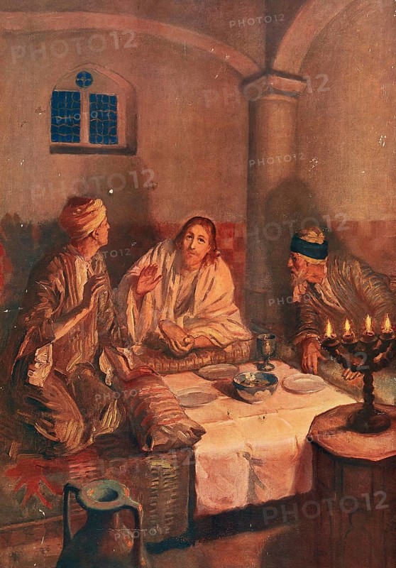 Scene from the biblical story, On the Day of Jesus' Resurrection, two disciples, one of them named Cleopas, wander from Jerusalem to the village of Emmaus about eleven kilometers away, authentic reproduction of a school mural, historical, around 1900