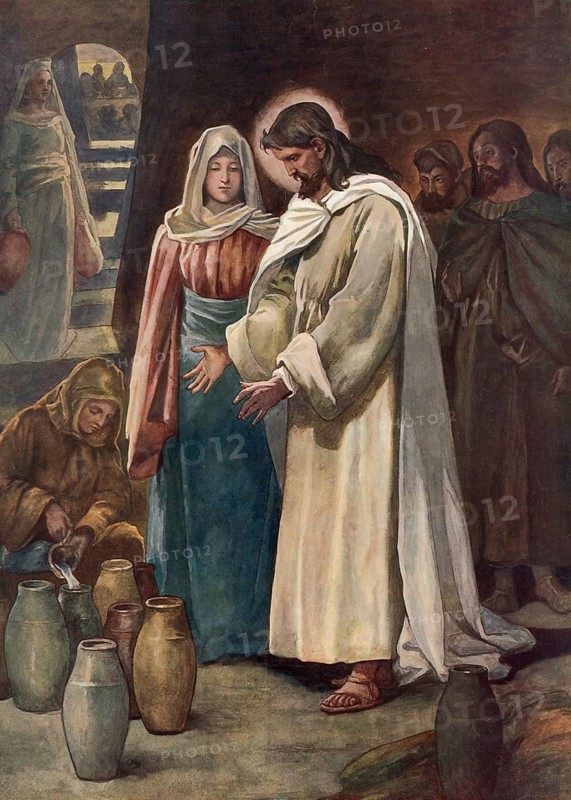 Scene from the biblical story, Jesus' first miracle described in the Bible is the wedding at Cana, during which he turns water into wine, authentic reproduction of a school mural, historical, around 1900