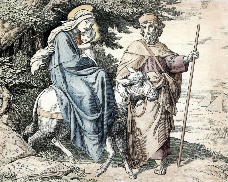 Scene from the biblical story, The Flight into Egypt, authentic reproduction of a school mural, historical, around 1900