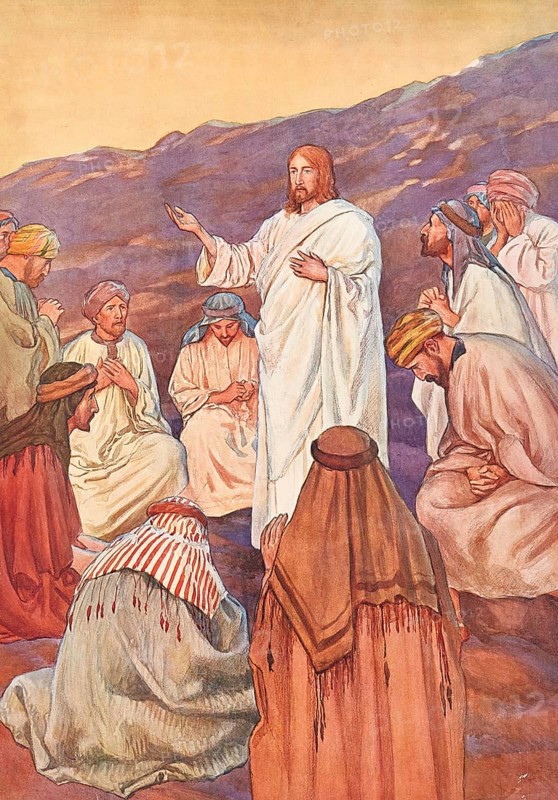 Scene from the biblical story, The Mission, Go now and make disciples of all nations by baptizing them in the name of the Father and the Son and the Holy Spirit and teaching them to keep everything I have commanded you, authentic reproduction of a school mural, historical, around 1900