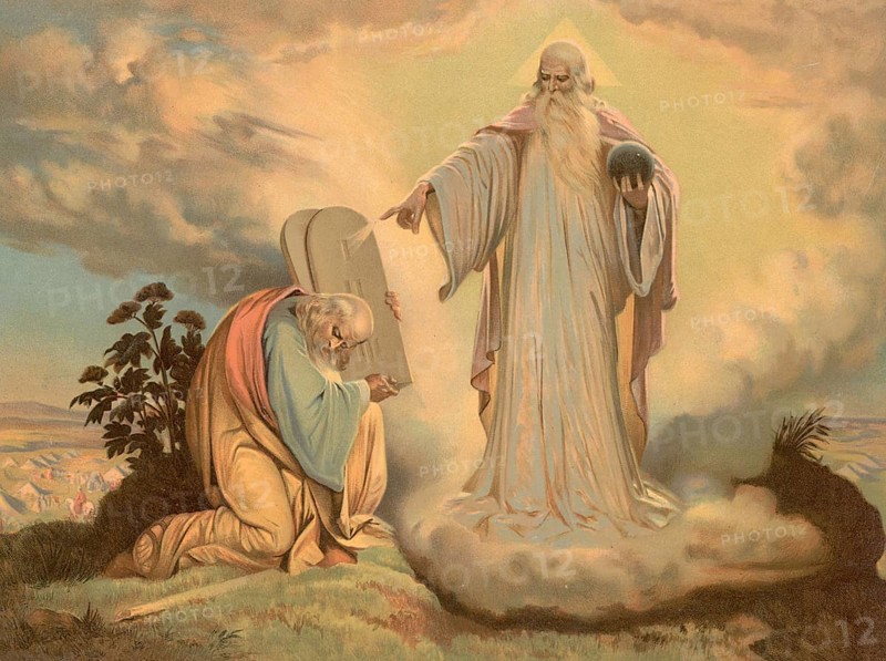 Scene from the biblical story, The Legislation on Mount Sinai is the central event in which God handed over the Ten Commandments and the Covenant to the people of Israel through Moses, authentic reproduction of a school mural, historical, around 1900