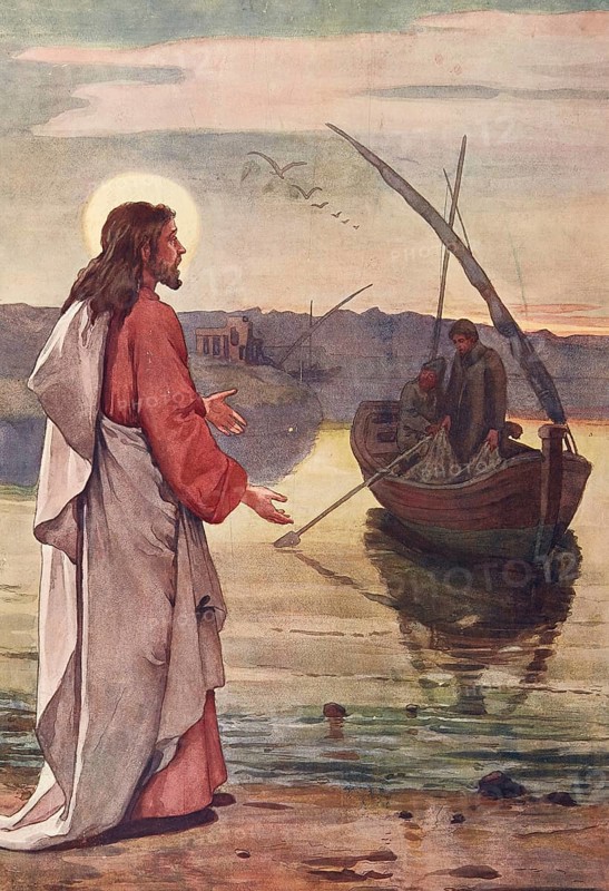 Scene from the biblical story, The first disciples or first apostles in the Bible are traditionally the fishermen Simon Peter and Andrew, authentic reproduction of a school mural, historical, around 1900