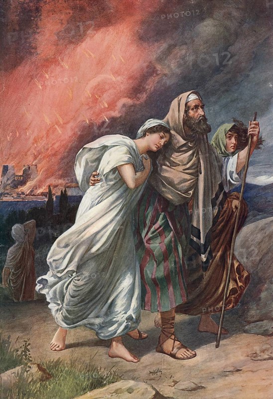Scene from the biblical story, The Destruction of Sodom, authentic reproduction of a school mural, historical, around 1900