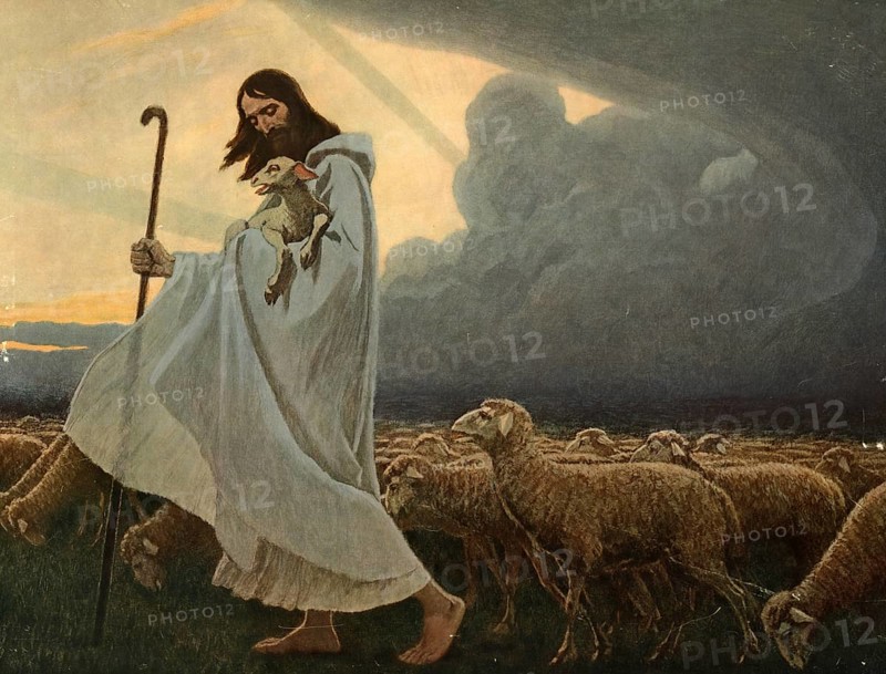 Scene from the biblical story, The Good Shepherd, is a central metaphor for Jesus Christ in the Bible, authentic reproduction of a school mural, historic, around 1900