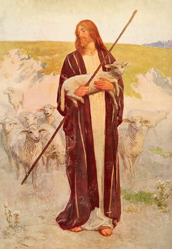 Scene from the biblical story, The Good Shepherd, is a central metaphor for Jesus Christ in the Bible, authentic reproduction of a school mural, historic, around 1900
