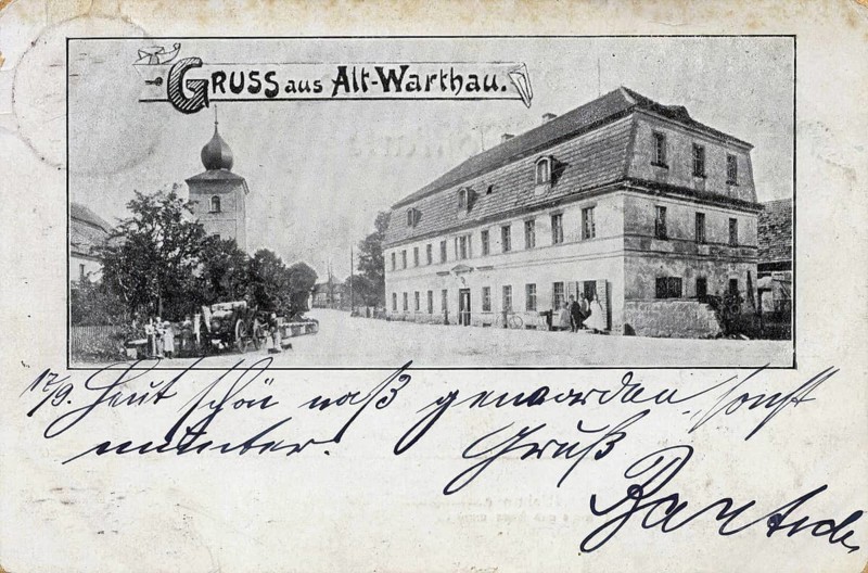 Old Warthau, today Gmina Warta Boleslawiecka, a rural community in Boleslawiecki County, Lower Silesian Voivodeship, Poland, postcard, view around 1900 - 1910, historical, digital reproduction of a historical postcard, authentic, public domain, from that time, exact date unknown