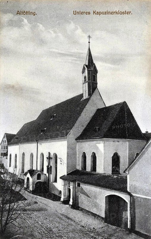 Lower Capuchin monastery in Altötting at night, Altötting district, Upper Bavaria, Bavaria, Germany, postcard, view around 1900 - 1910, historical, digital reproduction of a historical postcard, authentic, public domain, from that time, exact date unknown