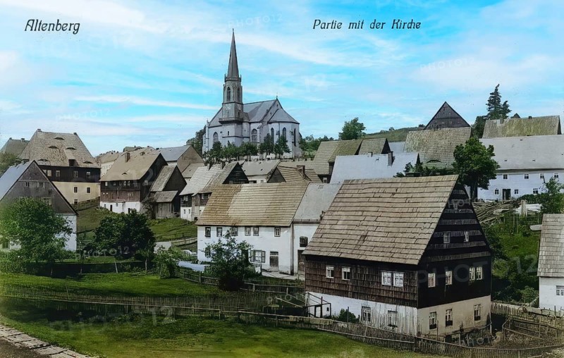 Altenberg in the Ore Mountains, town and church, today Saxon Switzerland-Eastern Ore Mountains district, Saxony, Germany, postcard, view around 1900 - 1910, historical, digital reproduction of a historical postcard, authentic, public domain, from that time, exact date unknown