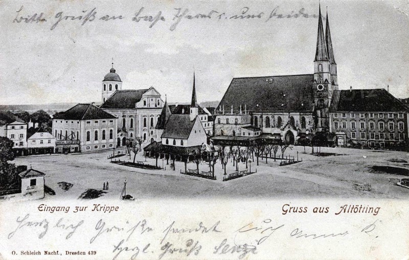 Pilgrimage chapel and chapel square in Altötting, Altötting district, Upper Bavaria, Bavaria, Germany, postcard, view around 1900 - 1910, historical, digital reproduction of a historical postcard, authentic, public domain, from that time, exact date unknown