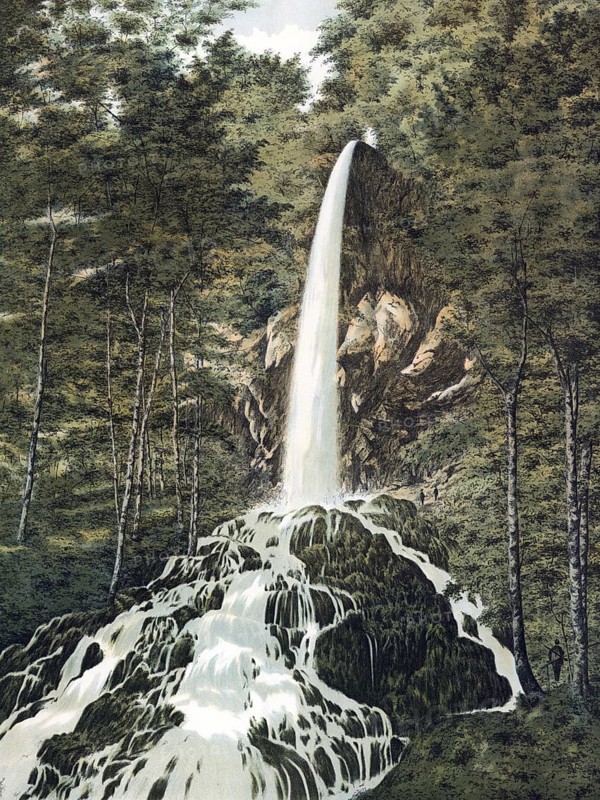 Urach waterfall, Urach waterfall, two kilometers southwest of Bad Urach im Maisental, a side valley of the Erms, Reutlingen district, Baden-Württemberg, Germany, high waterfall falling over moss-covered rocks in a dense forest, authentic reproduction of a school mural, historic, around 1900
