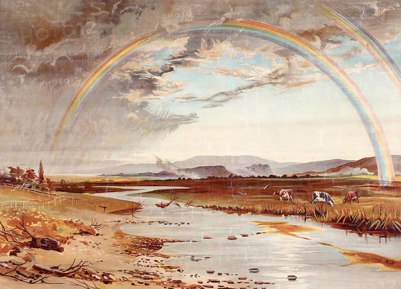 Double rainbow over a river landscape, natural phenomenon, landscape with river, cows and a spectacular double rainbow, authentic reproduction of a school mural, historical, around 1900