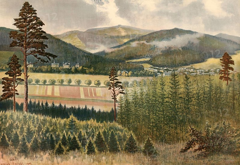 Inselsberg with Tabarz am Fulse, today Bad Tabarz in the district of Gotha in Thuringia, Germany, view of a quiet landscape with fields, forests and mountains, authentic reproduction of a school mural, historic, around 1900