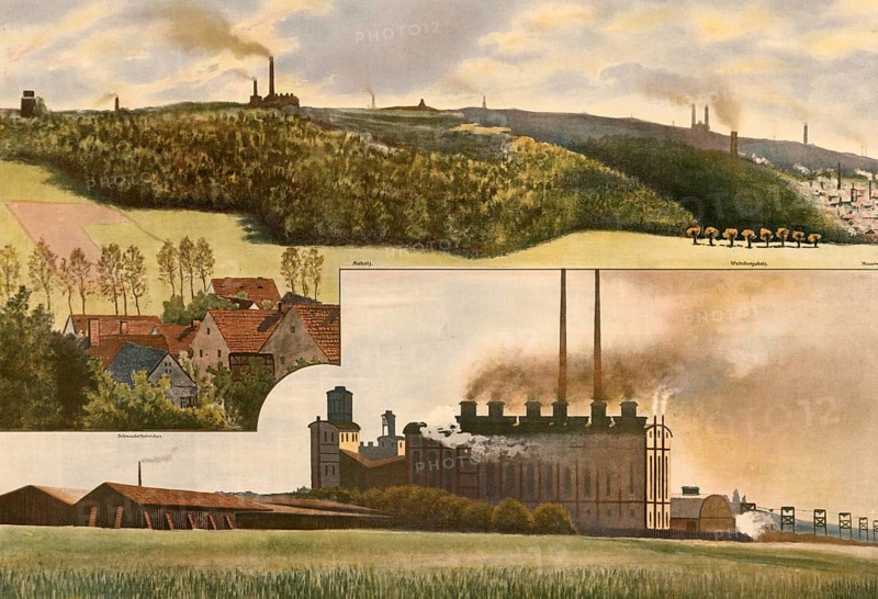 Brown coal mining in Thuringia, Bismarckschacht and Auholz, Schnauderhainichen, district of the town of Meuselwitz in the Altenburger Land district in Thuringia, Germany, industrial landscape with factories on hills and smoky skies, authentic reproduction of a school mural, historical, around 1900