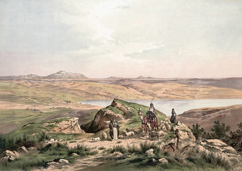 Mountain of Beatitudes, according to Christian tradition, this is the place where Jesus of Nazareth delivered the Sermon on the Mount, Israel, Palestine, shepherds with sheep on a hill overlooking a river and mountains, authentic reproduction of a school wall painting, historical, around 1900