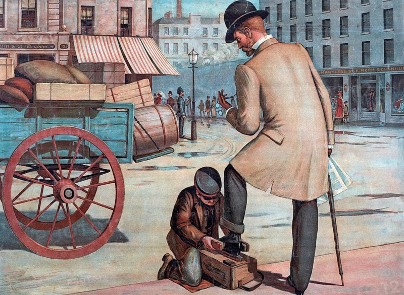 Shoe cleaner, boy as a shoe cleaner with an elegant gentleman in the street, A man has his shoes cleaned by a boy on the street while a cart stands in the background, authentic reproduction of a school wall painting, historical, around 1900
