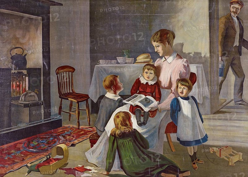 Reading session, mother reading from a book to the four children while the father comes home from work, a mother reading a book to her children while they sit around the fireplace in the living room, authentic reproduction of a school wall painting, historical, around 1900