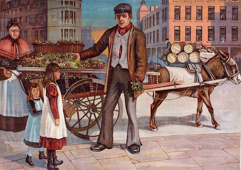 Greengrocer with cart full of vegetables and customers, Germany, A merchant selling vegetables from a cart pulled by a donkey in a town, authentic reproduction of a school mural, historical, around 1900