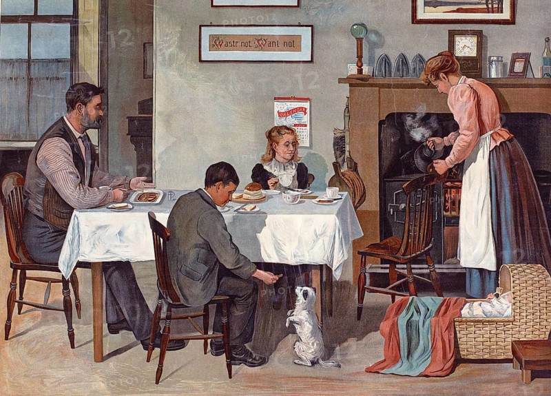Family at breakfast table, domestic scene, Germany, family having dinner in a cozy room with a dog begging for attention, authentic reproduction of a school wall painting, historic, around 1900
